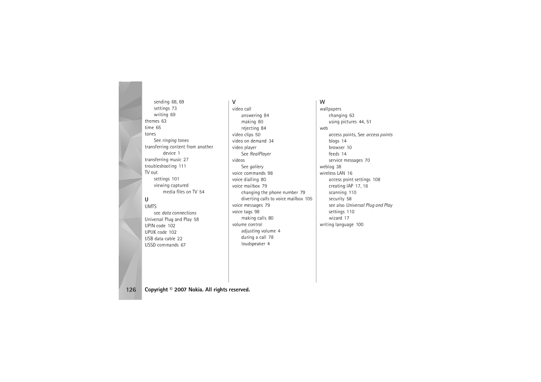 Nokia N95 manual Sending 68, 69 settings 73 writing Themes 63 time 65 tones, Media files on TV 