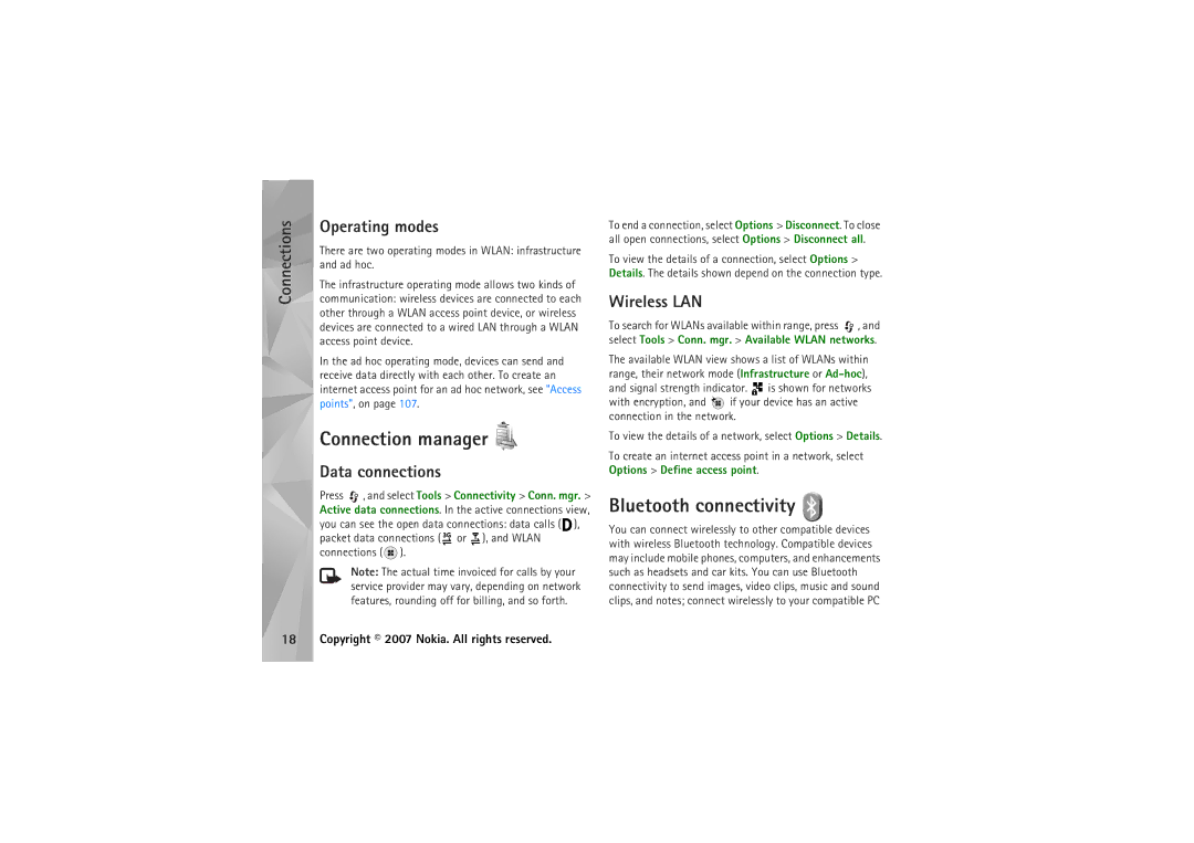 Nokia N95 manual Connection manager, Bluetooth connectivity, Connections Operating modes, Data connections, Wireless LAN 