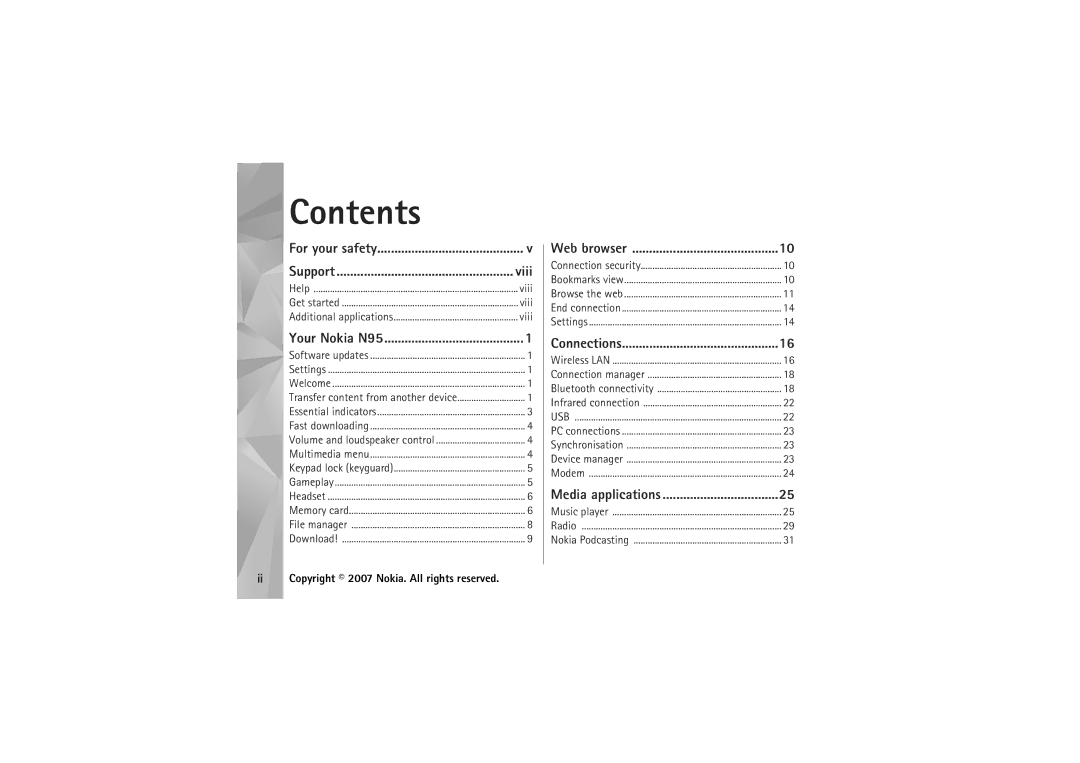 Nokia N95 manual Contents 