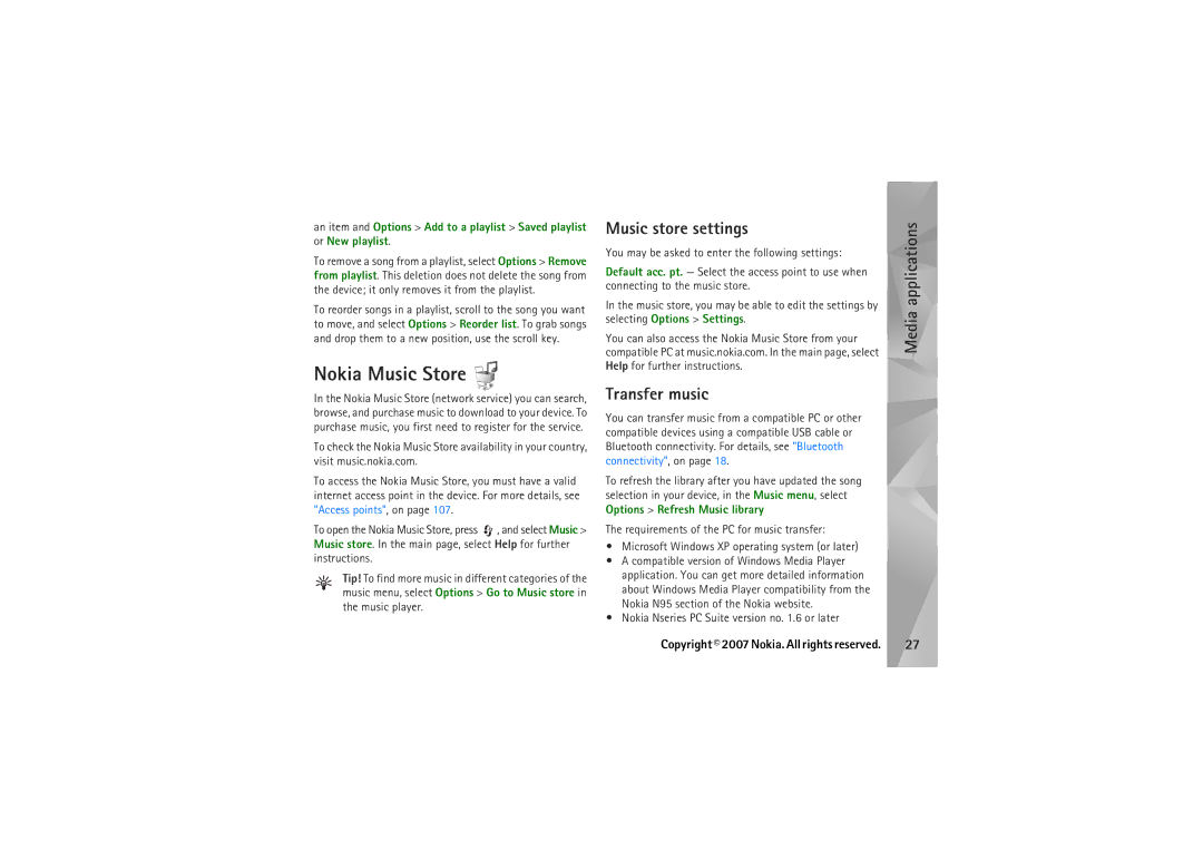 Nokia N95 manual Nokia Music Store, Music store settings, Transfer music, Nokia Nseries PC Suite version no .6 or later 