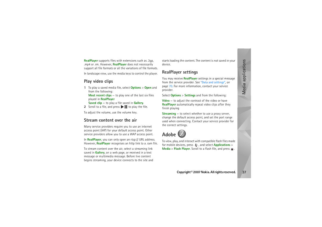 Nokia N95 manual Adobe, Play video clips, Stream content over the air, RealPlayer settings 