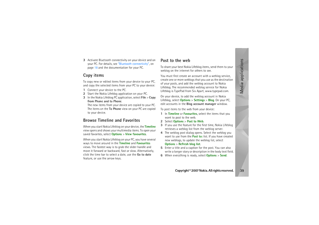 Nokia N95 manual Copy items, Browse Timeline and Favorites, Post to the web, Select Options Post to Web 