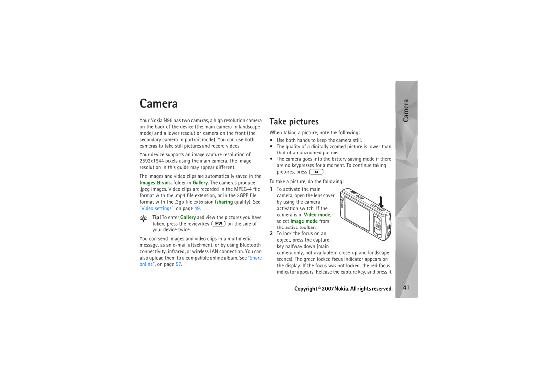 Nokia N95 manual Camera, Take pictures 