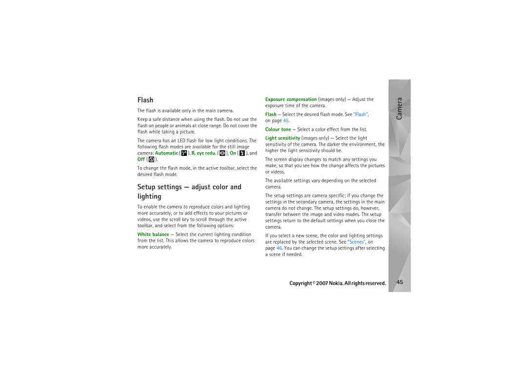 Nokia N95 manual Flash, Setup settings adjust color and lighting 