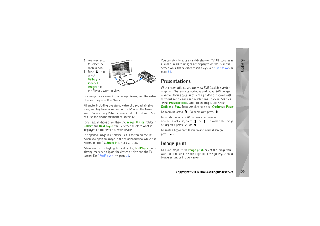 Nokia N95 manual Presentations, Image print, Press , and select, Gallery 