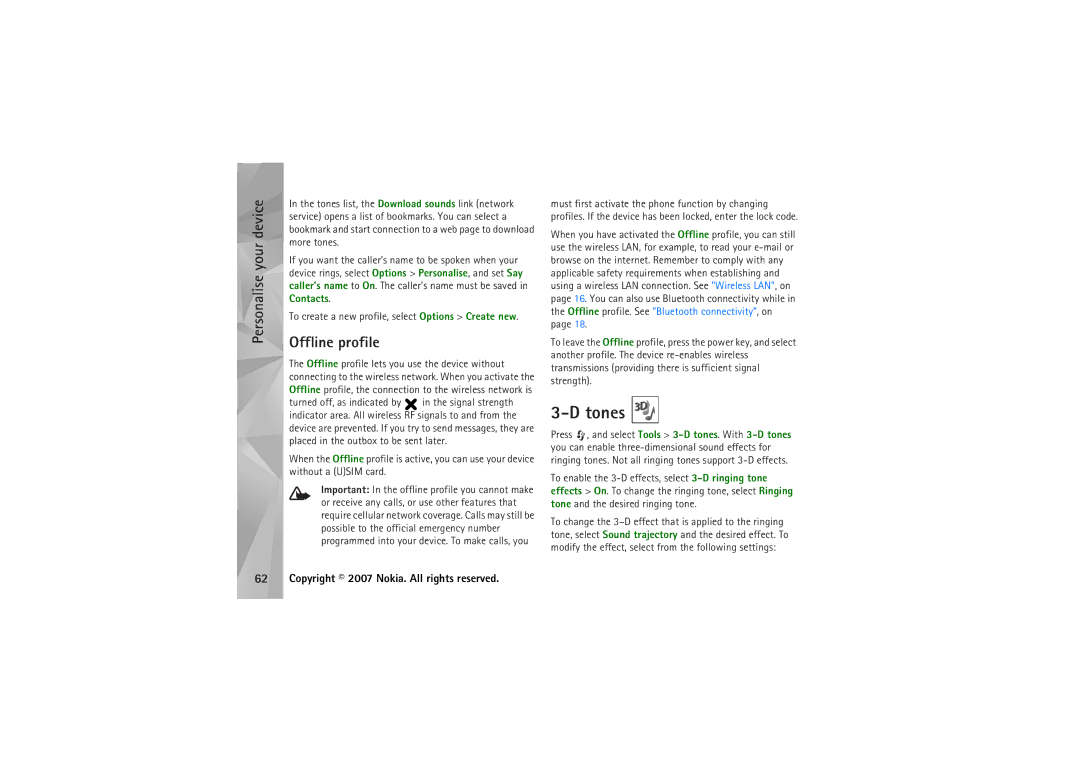 Nokia N95 manual Tones, Offline profile 