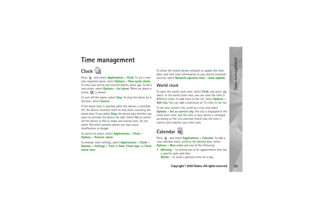 Nokia N95 manual Time management, Clock, Calendar, World clock 