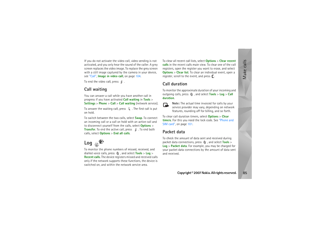 Nokia N95 manual Log, Call waiting, Call duration, Packet data 
