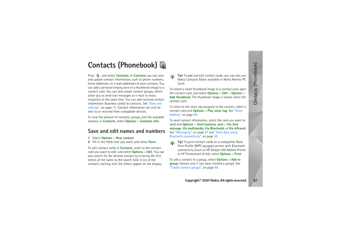 Nokia N95 manual Contacts Phonebook, Select Options New contact, Fill in the fields that you want, and select Done 