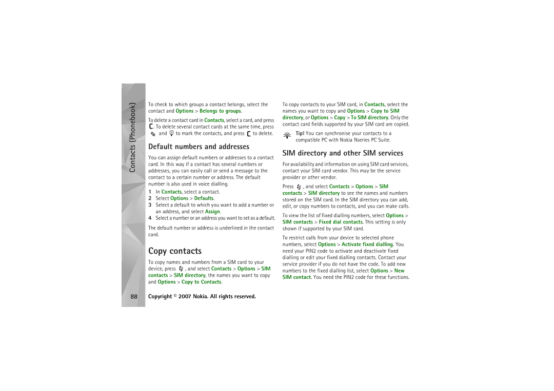 Nokia N95 Copy contacts, Default numbers and addresses, SIM directory and other SIM services, Select Options Defaults 