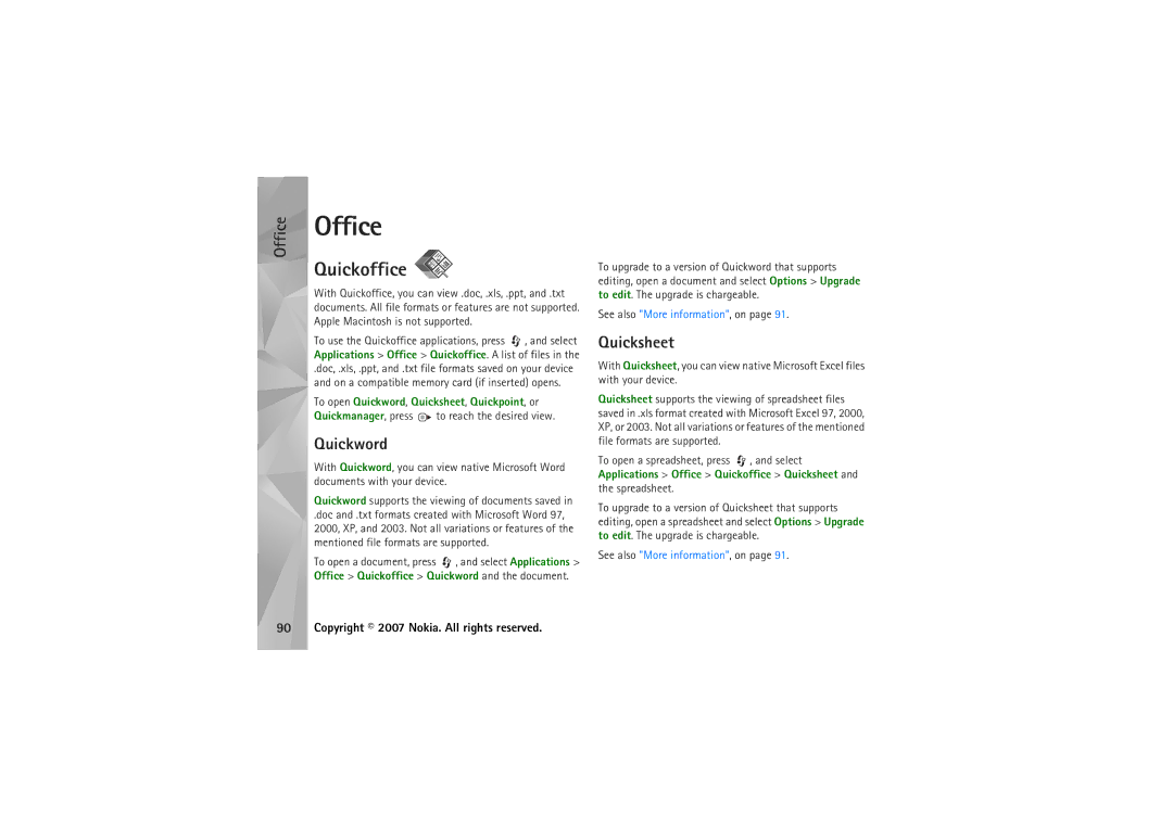 Nokia N95 manual Office, Quickoffice, Quickword, Quicksheet 