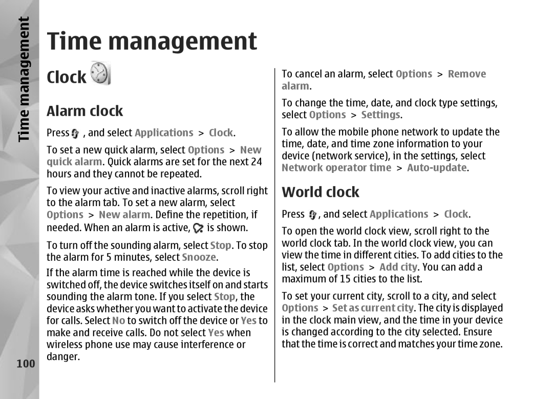 Nokia N95 manual Time management, Clock, Alarm clock, World clock 