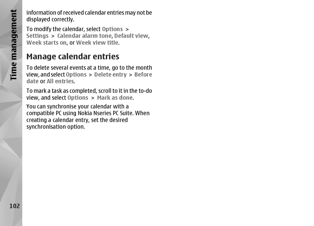 Nokia N95 manual Manage calendar entries, 102 