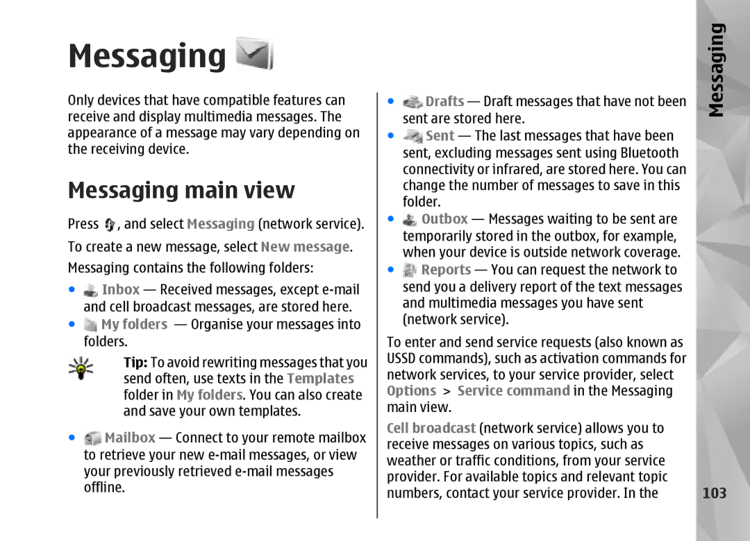 Nokia N95 manual Messaging main view, 103 