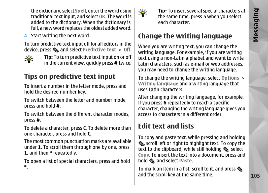 Nokia N95 manual Tips on predictive text input, Change the writing language, Edit text and lists, 105 