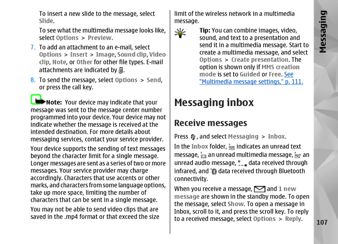 Nokia N95 manual Messaging inbox, Receive messages, 107 