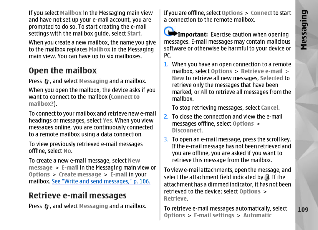 Nokia N95 manual Open the mailbox, Retrieve e-mail messages, 109 