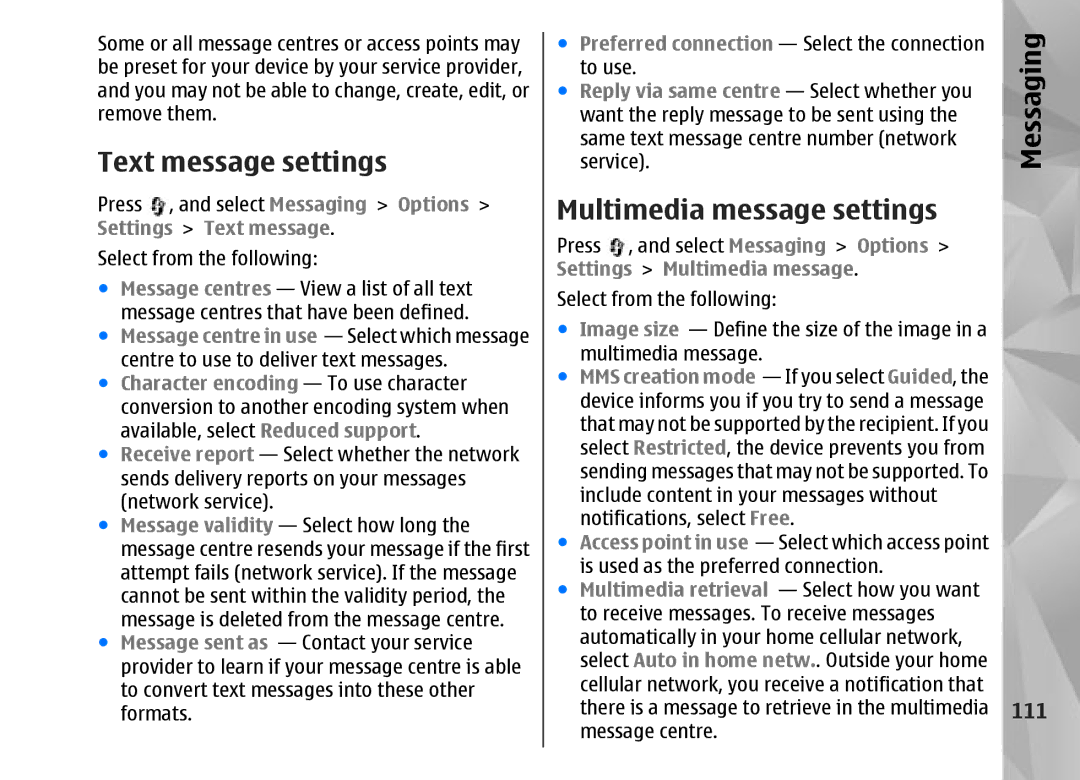 Nokia N95 manual Text message settings, Multimedia message settings, 111 