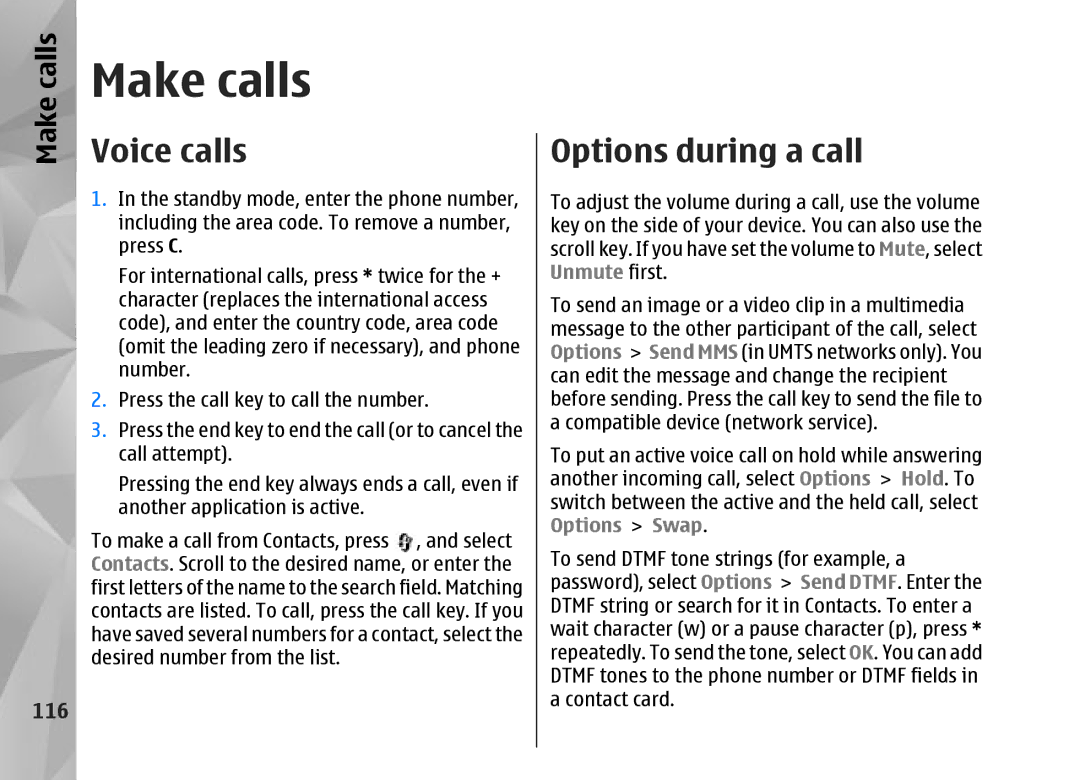 Nokia N95 manual Make calls, Voice calls, Options during a call, 116 