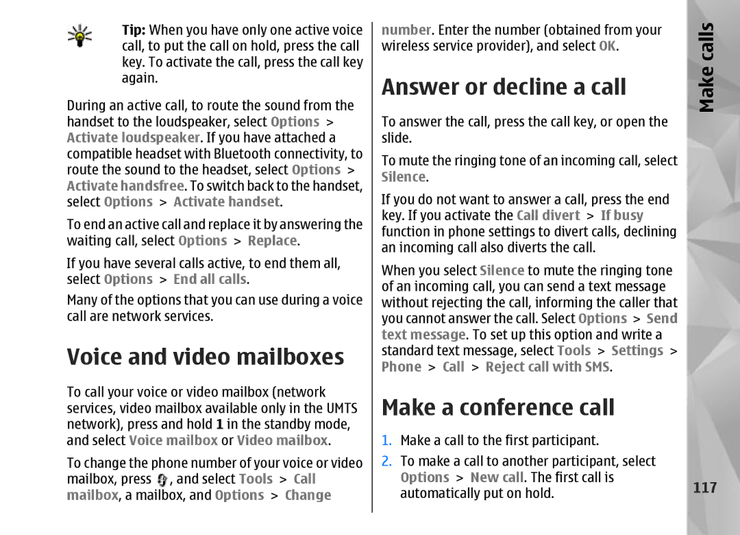 Nokia N95 manual Voice and video mailboxes, Answer or decline a call, Make a conference call, 117 