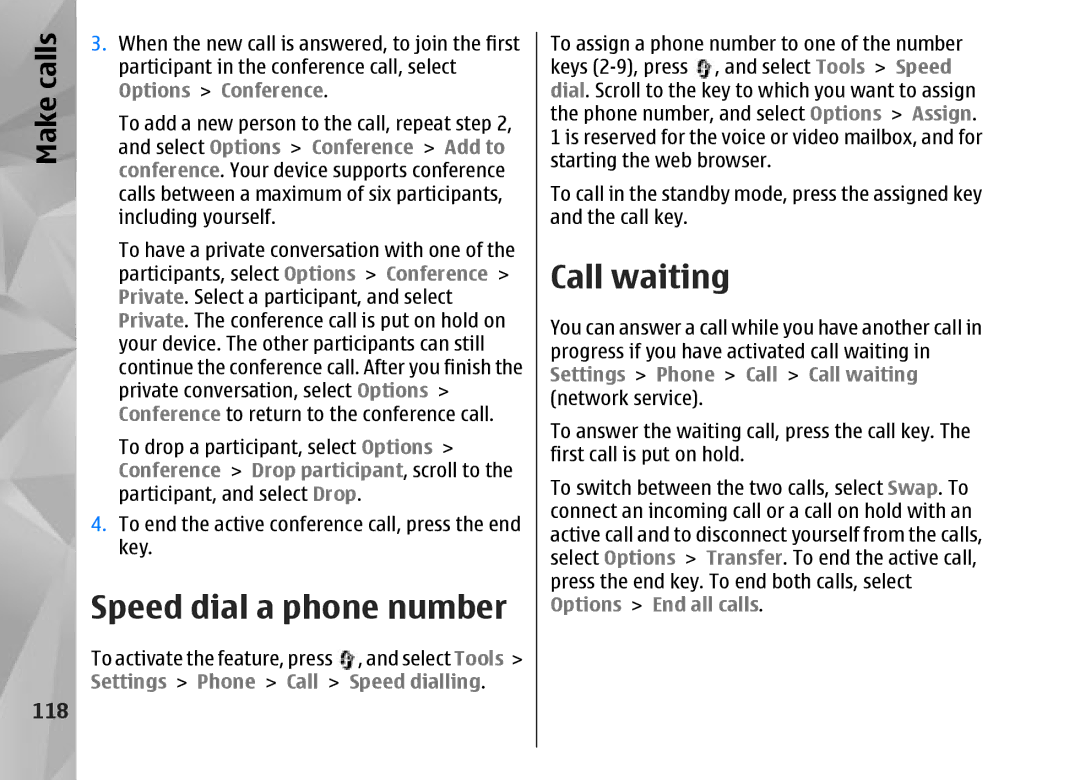 Nokia N95 manual Speed dial a phone number, Call waiting, 118, Settings Phone Call Speed dialling 