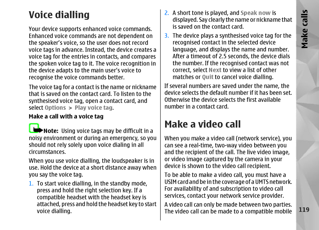 Nokia N95 manual Voice dialling, Make a video call, 119, Make a call with a voice tag 