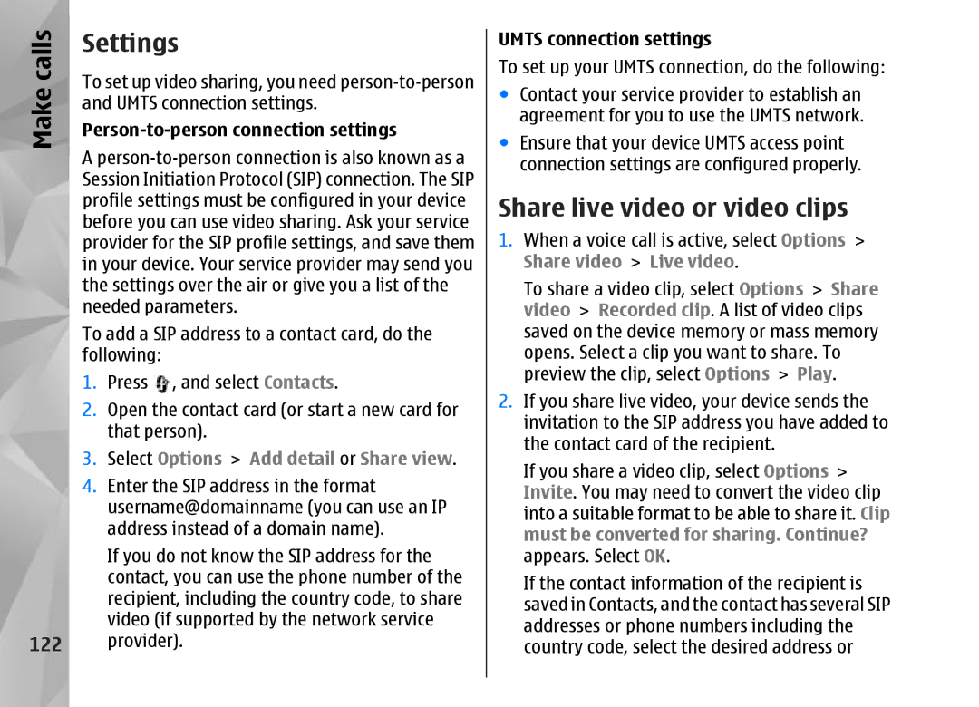 Nokia N95 manual Share live video or video clips, 122, Person-to-person connection settings, Umts connection settings 