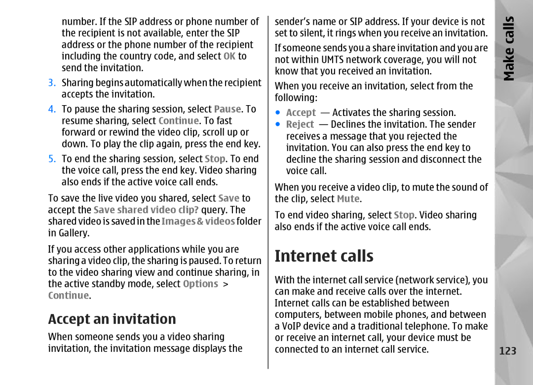 Nokia N95 manual Internet calls, Accept an invitation, 123 