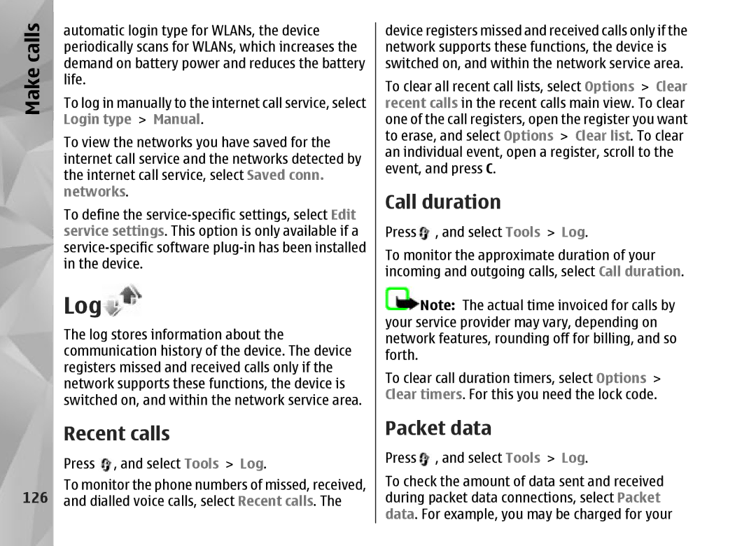 Nokia N95 manual Log, Recent calls, Call duration, Packet data, 126 