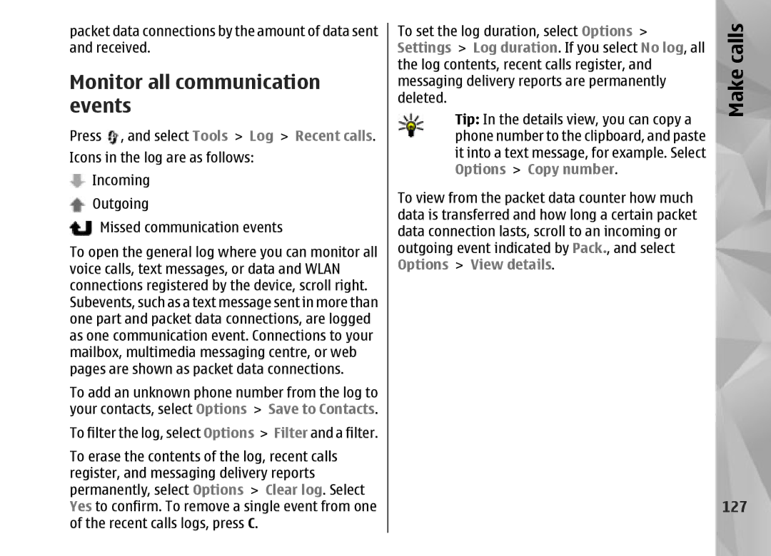 Nokia N95 manual Monitor all communication events, 127 