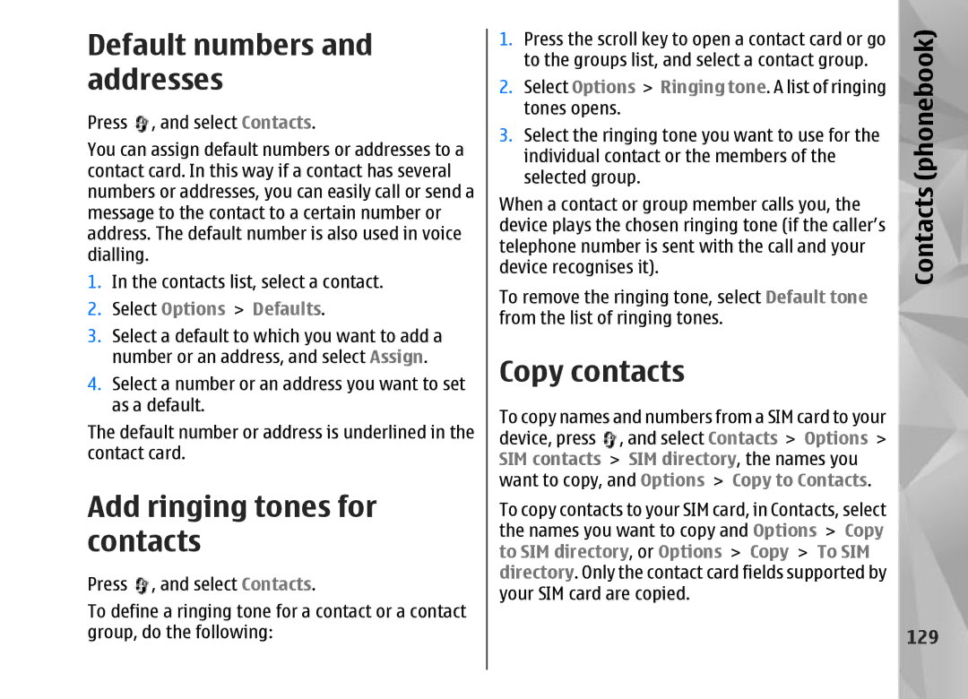 Nokia N95 manual Default numbers and addresses, Add ringing tones for contacts, Copy contacts, Contacts phonebook, 129 