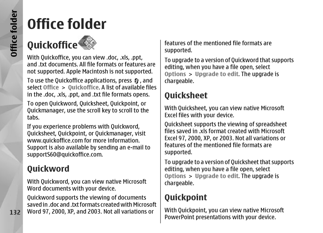 Nokia N95 manual Office folder, Quickoffice, Quickword, Quicksheet, Quickpoint 