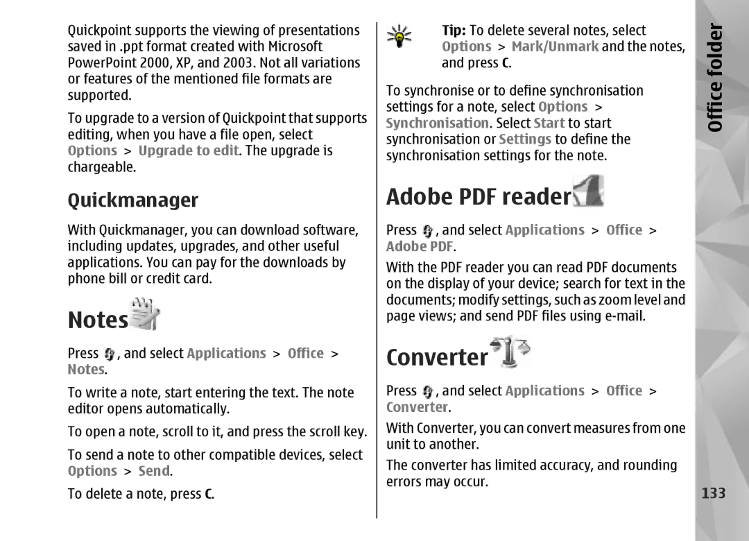 Nokia N95 manual Converter, Quickmanager, Office folder, 133 