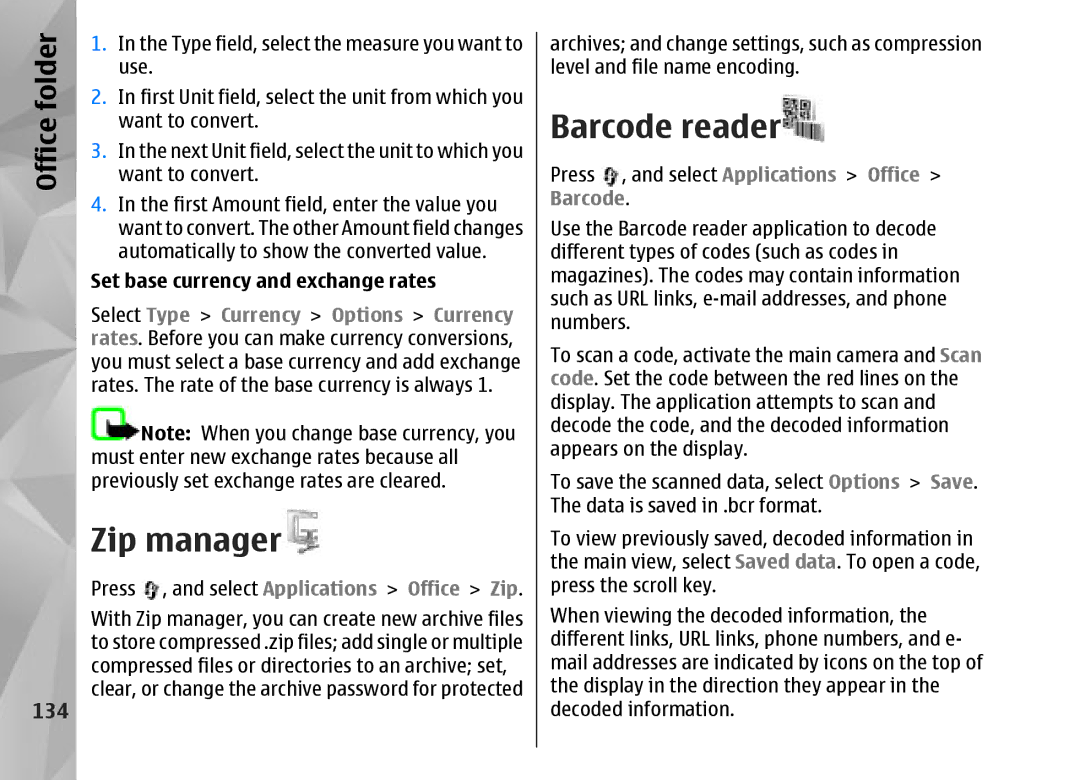 Nokia N95 manual Zip manager, Barcode reader, 134, Set base currency and exchange rates 