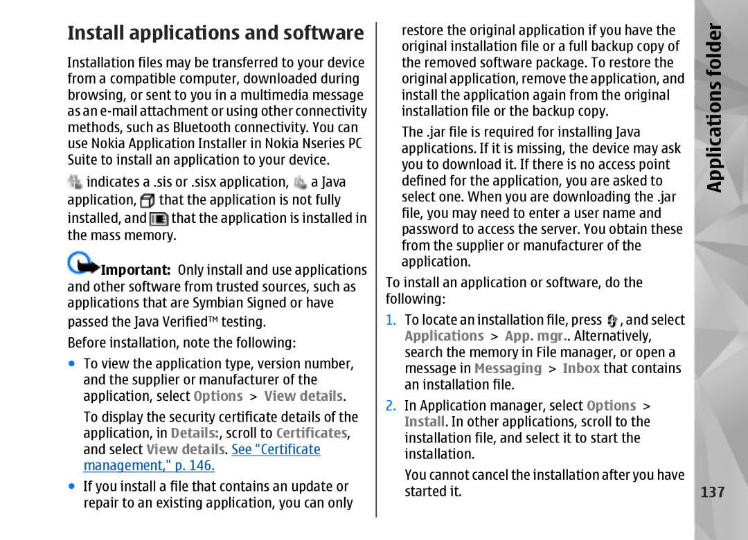 Nokia N95 manual Install applications and software, Applications folder, 137 