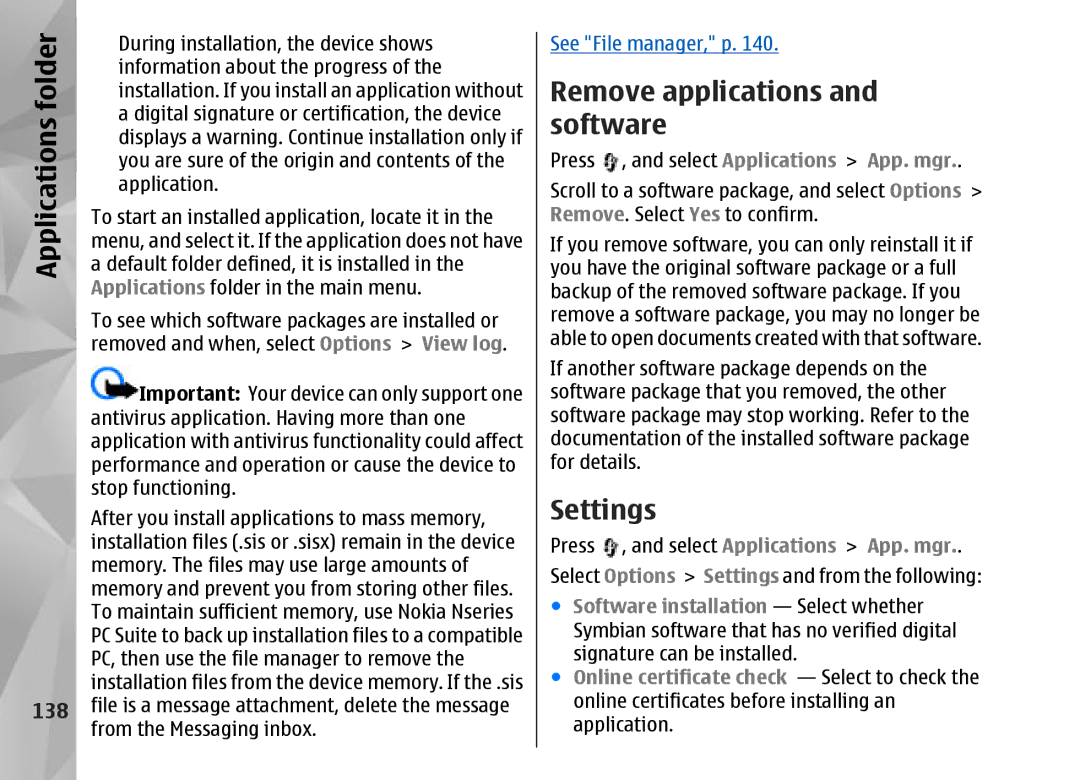 Nokia N95 manual Settings, Remove applications and software 