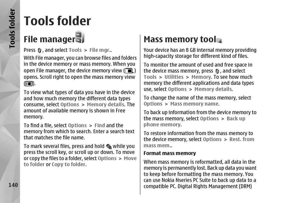 Nokia N95 manual Tools folder, File manager, Mass memory tool, 140 