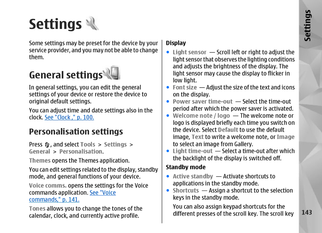 Nokia N95 manual Settings, General settings, Personalisation settings, 143 