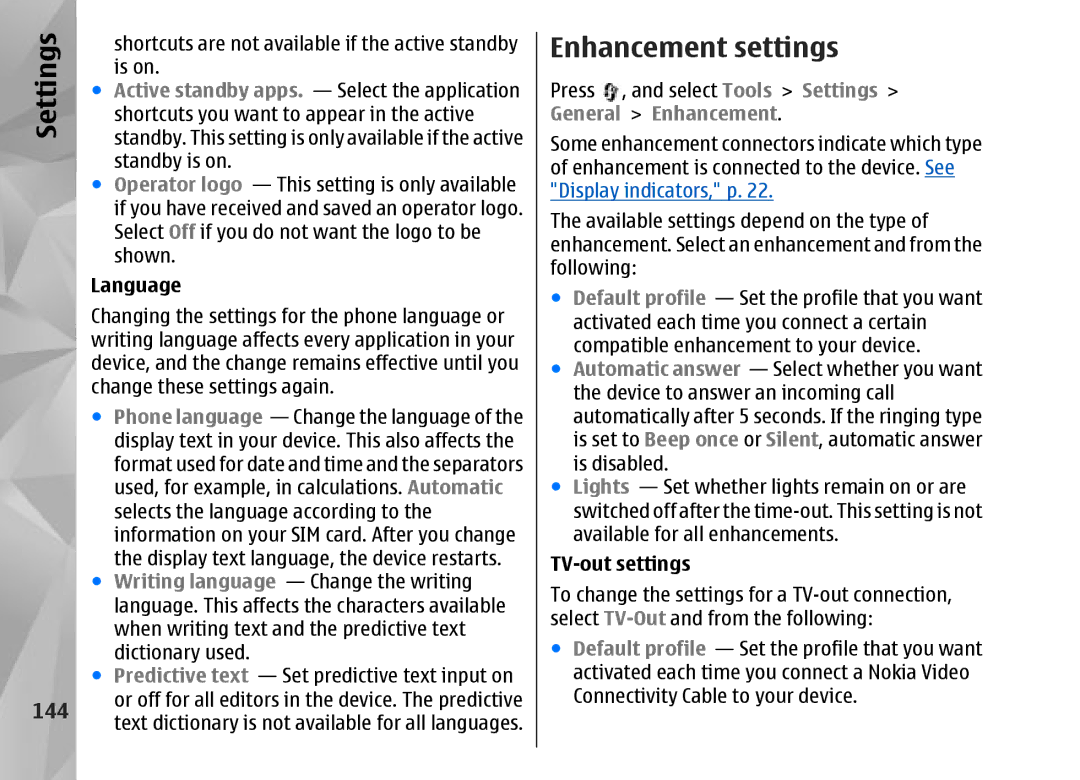 Nokia N95 manual Enhancement settings, Language, TV-out settings 