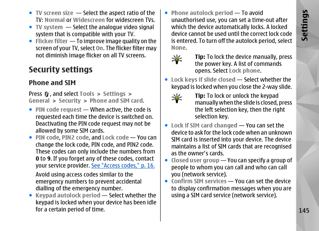 Nokia N95 manual Security settings, 145 