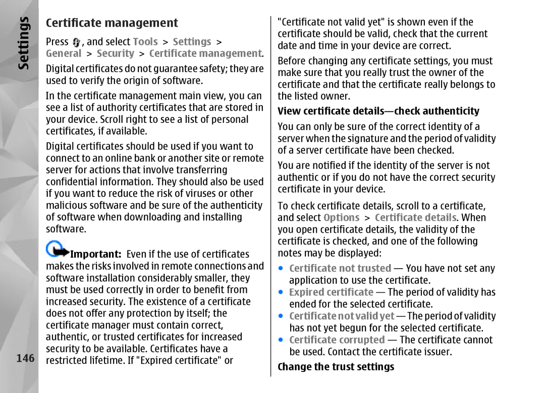 Nokia N95 146, Security Certificate management, View certificate details-check authenticity, Change the trust settings 