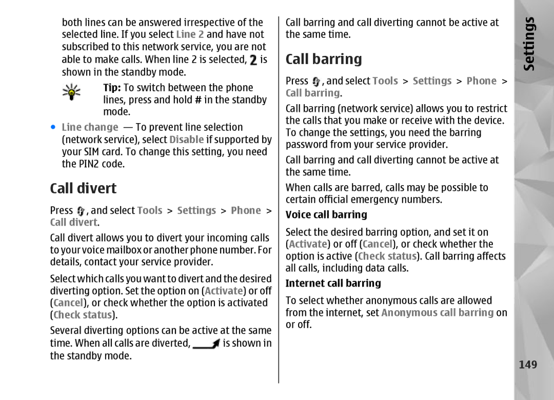 Nokia N95 manual Call divert, Call barring, 149, Voice call barring, Internet call barring 