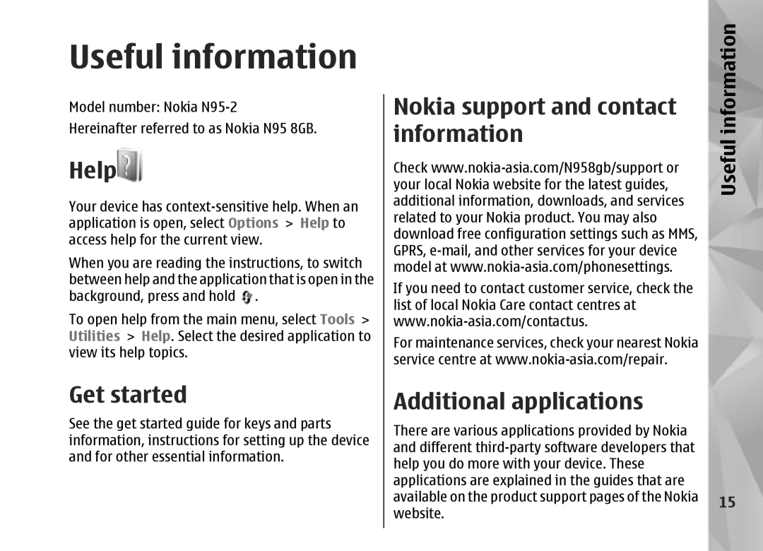 Nokia N95 manual Useful information, Help, Get started 