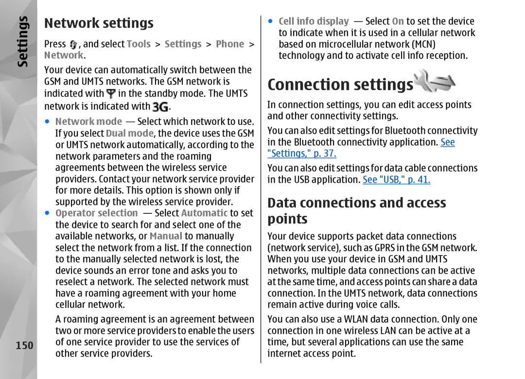 Nokia N95 manual Connection settings, Network settings, Data connections and access points, Select Tools Settings Phone 