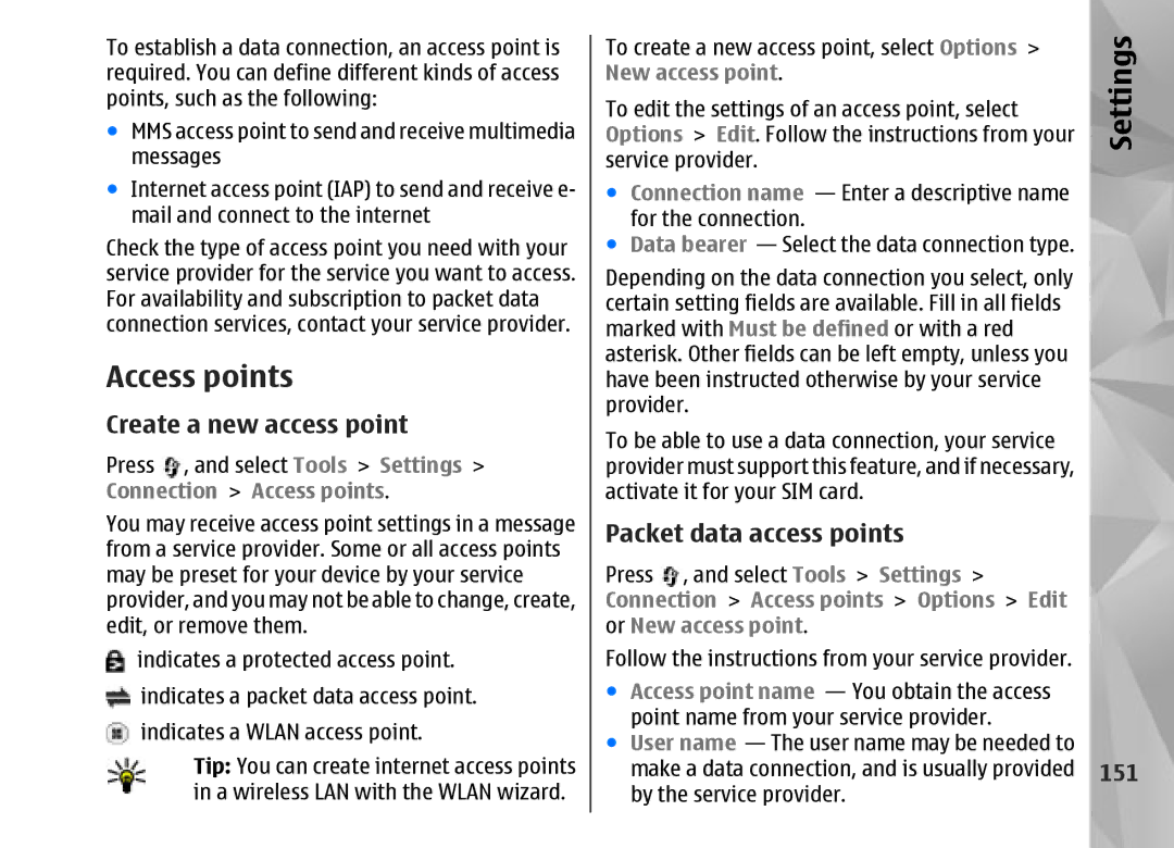 Nokia N95 manual 151, Edit, Connection Access points Options Or New access point 