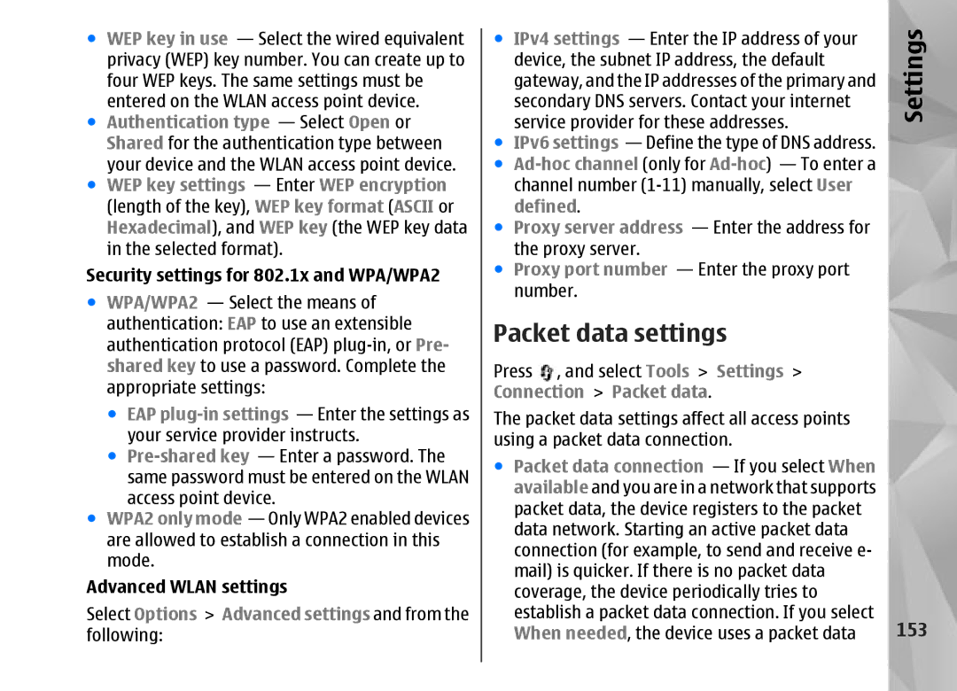 Nokia N95 manual Packet data settings, 153, Select Options Advanced settings and from the following, Connection Packet data 