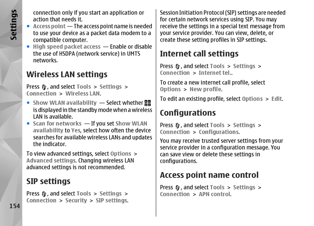 Nokia N95 manual Wireless LAN settings, SIP settings, Internet call settings, Configurations, Access point name control 