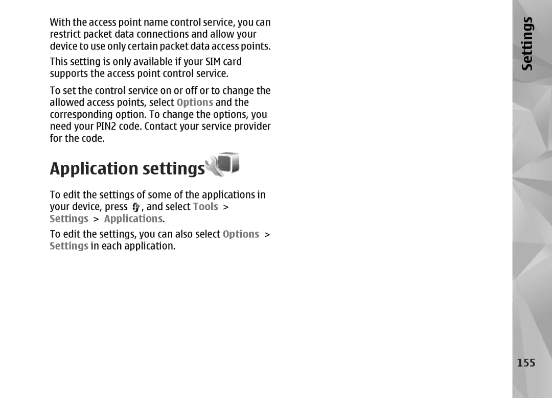 Nokia N95 manual Application settings, 155 