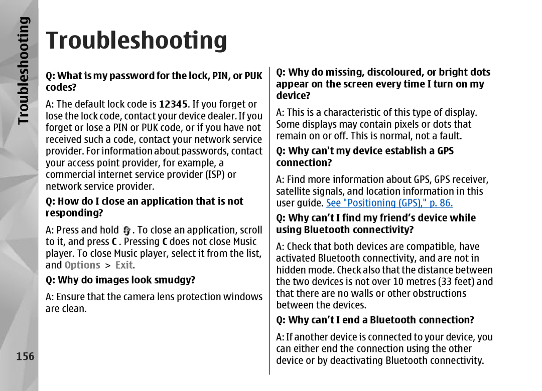 Nokia N95 manual Troubleshooting, 156 