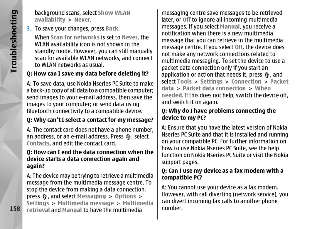 Nokia N95 manual 158, Availability Never, When Scan for networks is set to Never, Settings Multimedia message 